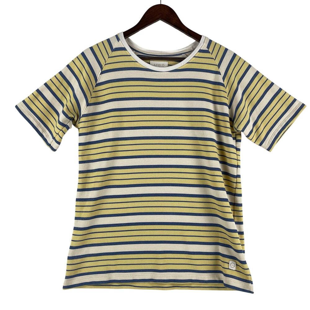 Far Afield Mens Striped Raglan T-Shirt Size 3 (LG) Yllw Nvy Cream Organic Cotton